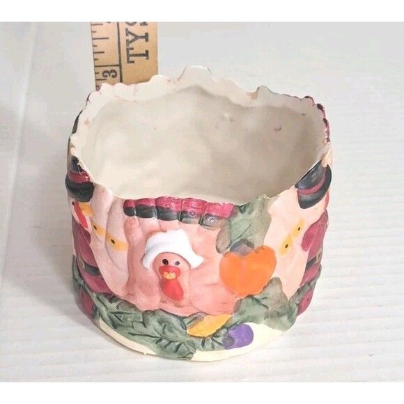 Thanksgiving Pilgrim Turkey Ceramic Candle Holder Bowl Fall Decor Hand Painted - Picture 6 of 7